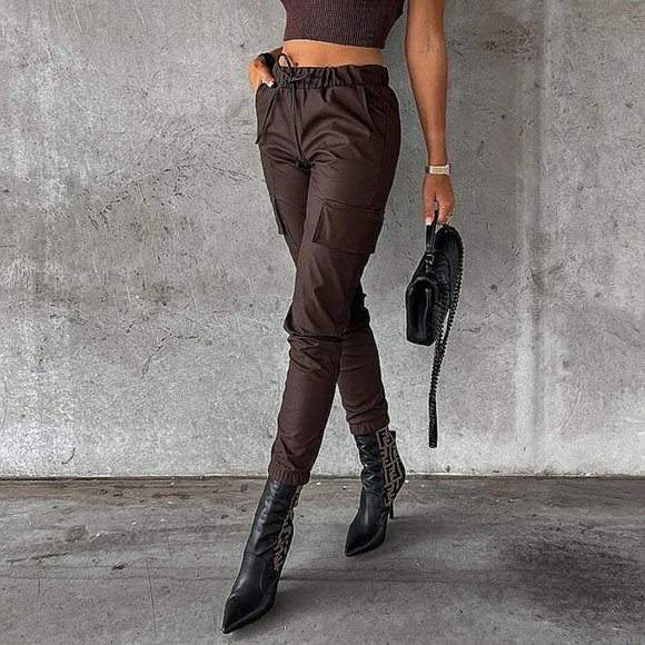 Pants - Brown Faux Leather Vegan Leather High Waist Cargo Utility Joggers Jogger Pants